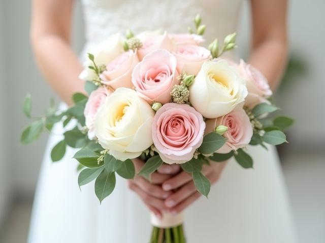 Romantischer Brautstrauß mit rosa Rosen und Eukalyptus