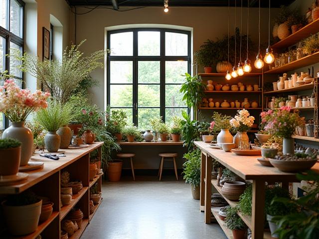 Einladender Floristikladen-Innenraum mit vielen Blumen und Werkzeugen