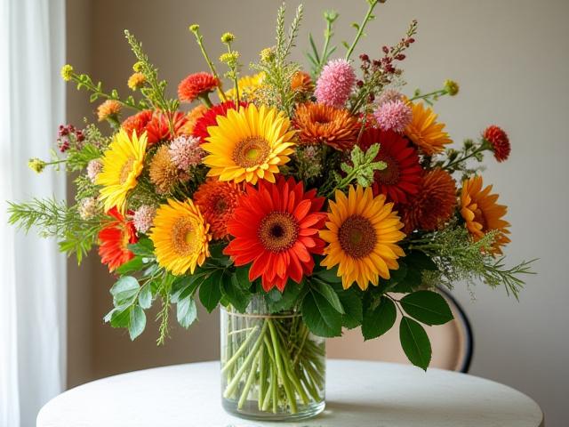 Üppiges saisonales Blumenarrangement in kräftigen Farben