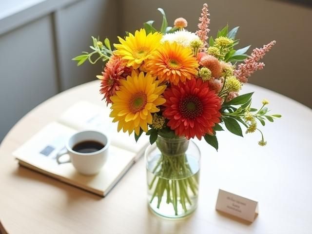 Eine moderne Glasvase mit einem frischen Blumenabonnement auf einem Tisch