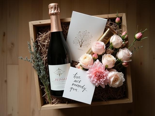 Ein Geschenkpaket mit einem kleinen Blumenstrauß, Schokolade und einer Flasche Wein