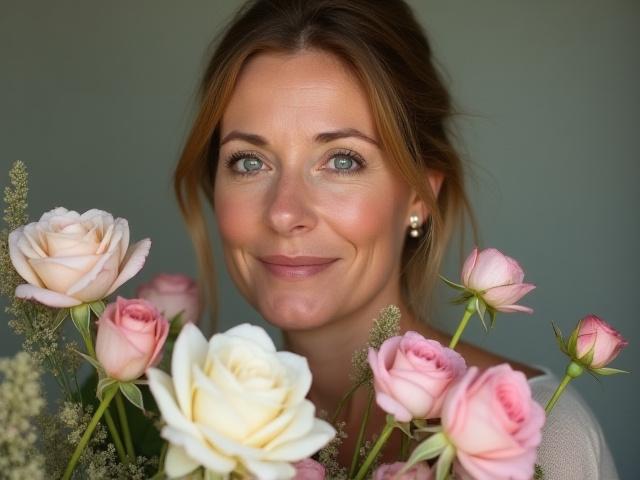 Porträt der Gründerin von Meeresrose, lächelnd umgeben von Blumen